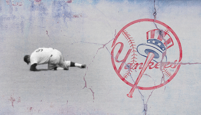 Roger Maris hurts himself in the outfield amid a crumbling Yankees logo