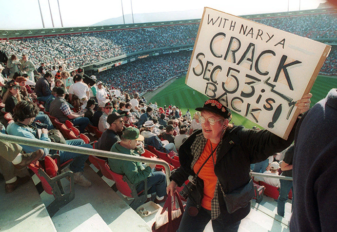 Fans at San Francisco's Candlestick Park for first game after 1989 World Series Earthquake