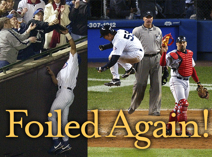 Steve Bartman interrupts Moises Alou's attempted catch; Hideki Matsui scores for Yankees against Boston in 2003 ALCS