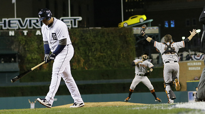 Giants celebrated 2012 World Series triumph as Detroit's Miguel Cabrera walks away after striking out