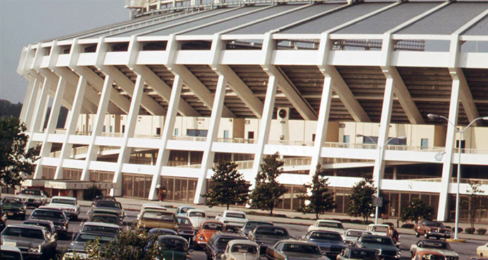 Exterior of Atlanta Fulton County Stadium in the 1970s