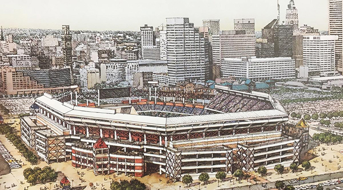 Aerial of Oriole Park at Camden Yards, Baltimore with the B&O Warehouse in  foreground - SuperStock