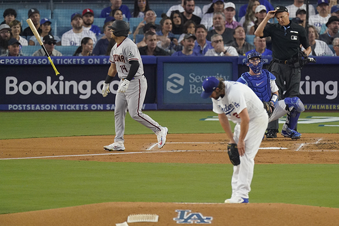 Arizona's Gabriel Moreno homers off the Dodgers' Clayton Kershaw in NLDS Game One