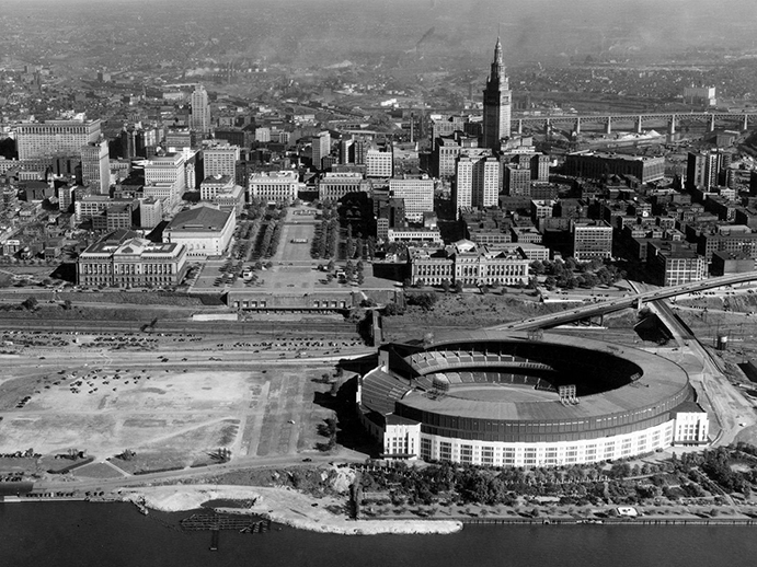 Aerial of Cleveland Municipal Stadium and the city beyond