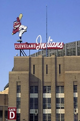 Chief Wahoo sign atop Cleveland Municipal Stadium