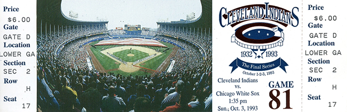 Ticket to final baseball game at Cleveland Municipal Stadium