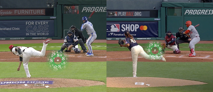 Cleveland Guardians pitchers Emmanuel Clase and Luis Ortiz throwing fixed pitches